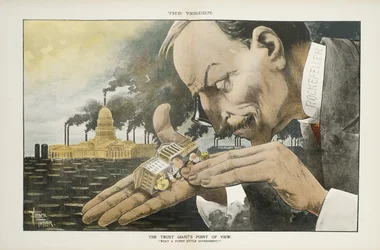 O ponto de vista do gigante dos trusts: Que governo pequeno tão engraçado, ilustração de „The Verdict“, 22 de janeiro de 1900